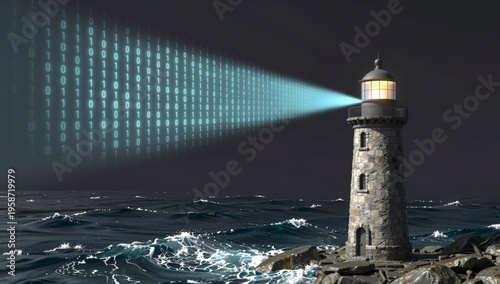 Old stone lighthouse beaming binary code of ones and zeros across dark stormy ocean waves representing digital navigation and data security in information age