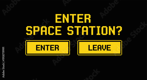 Retro pixel art game interface with space station choice menu