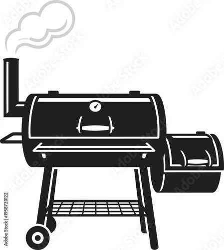 Smoker grill for barbecue, offset smoker for smoking meat and grilling, outdoor cooking equipment, backyard barbecue, industrial style smoker, food preparation, illustration, vector icon.