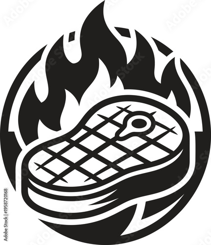 Beef steak with grill marks inside fire circle for barbecue logo and emblem design showing flame heat and meat preparation for grill house restaurant branding and steakhouse menu graphics