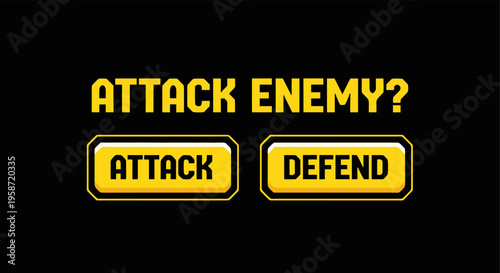 Retro pixel art game interface with attack and defend buttons