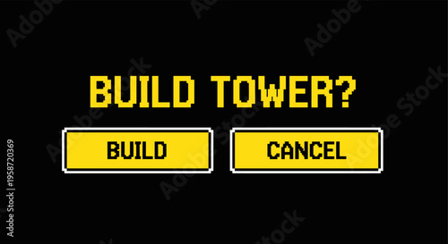 Retro pixel art game interface with build and cancel options