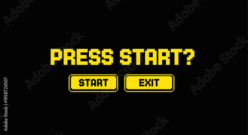 Retro pixel art press start game interface with yellow buttons