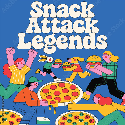 Chaotic Food Party Illustration with Bold Typography “Snack Attack Legends” Featuring Cartoon Characters and Oversized Fast Food