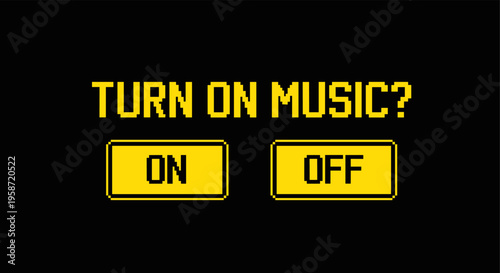 Retro pixel art music toggle interface with on and off buttons