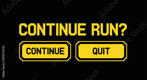 Retro gaming interface with pixel art continue or quit options