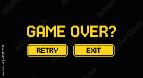 Retro pixel game over screen with retry and exit buttons