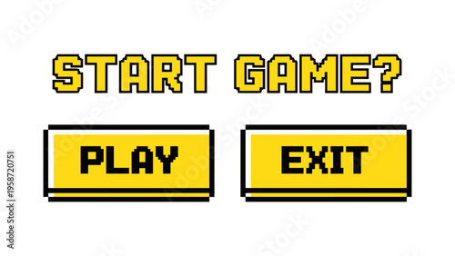 Retro pixel art game menu with start and exit buttons