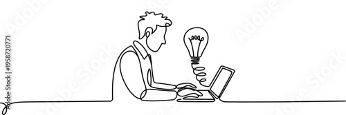 Continuous one line drawing of man working on laptop with lightbulb idea symbol, minimal linear outline, editable stroke, thin line contour, modern single line doodle vector illustration