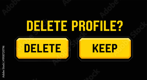 Retro pixel interface with delete profile option on black background
