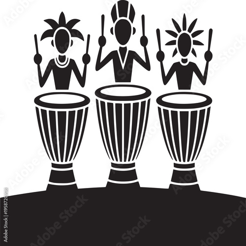 Three figures playing drums with sticks in a black and white graphic illustration style image art