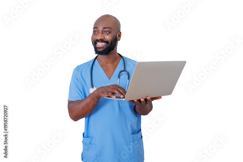 Black male doctor or nurse wearing medical scrubs and stethoscope, holding and typing on a laptop, smiling, transparent background