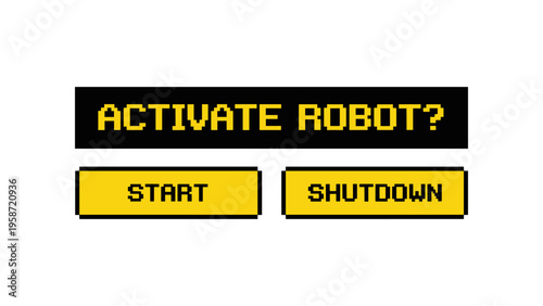Pixel art robot interface with start and shutdown buttons