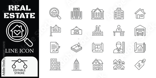 Editable black and white line for real estate including houses buildings documents and symbols