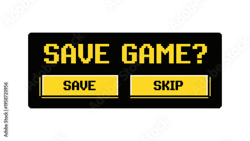 Retro video game interface with save and skip buttons in pixel art style
