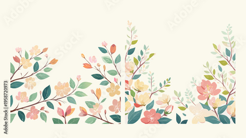 Soft watercolor illustration of blossoming branches with pastel flowers and green leaves, creating a delicate and serene natural border design perfect for various decorative projects
