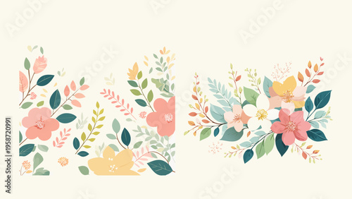 Soft pastel floral design elements featuring delicate blossoms and leaves. Perfect for spring invitations, wedding stationery, and decorative borders