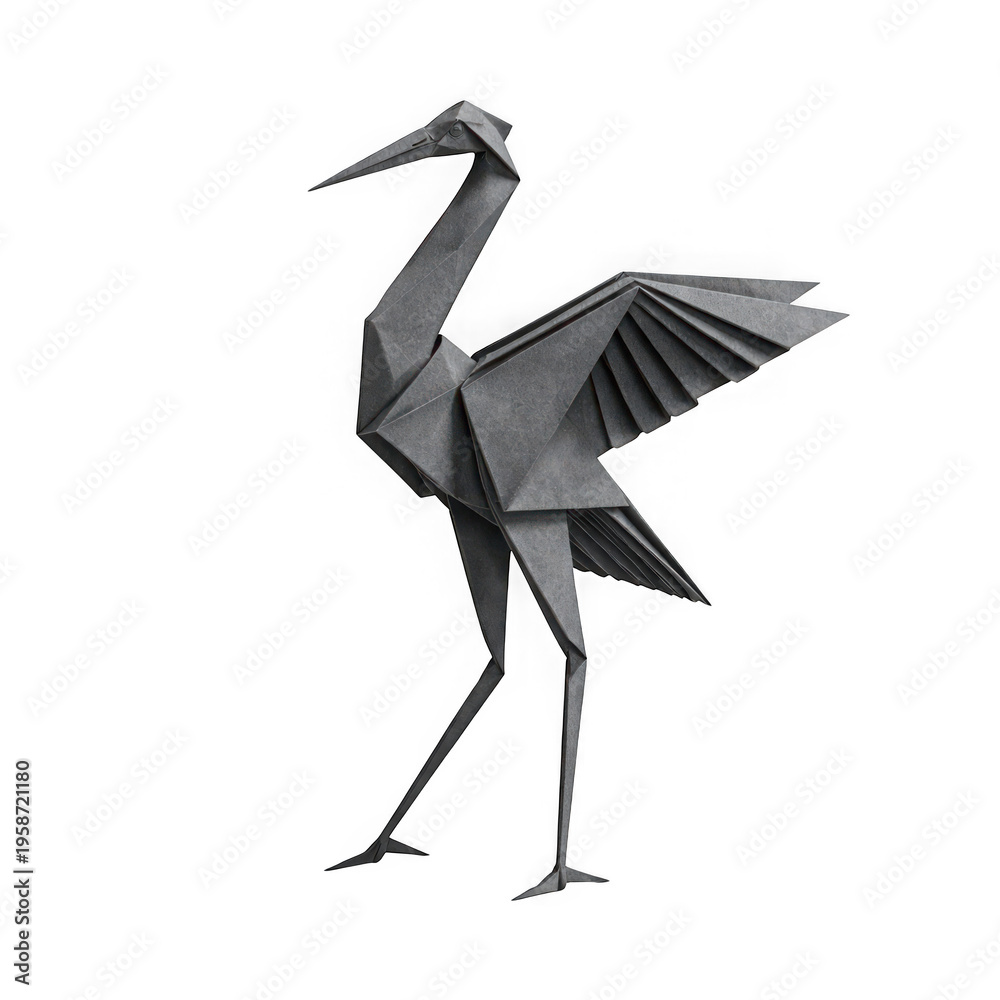 Obraz premium Elegant grey origami crane bird, geometric paper art isolated as PNG isolated on transparent background