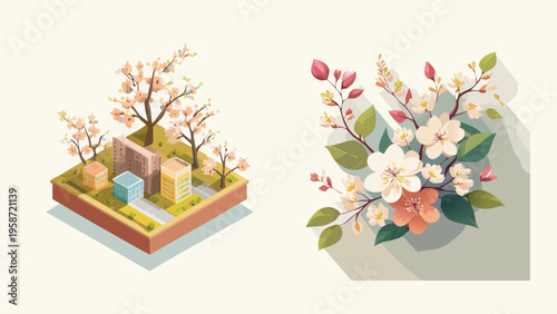 Delicate Cherry Blossom Bloom in Isometric Park and Elegant Floral Bouquet - Springtime Vector Illustration for Nature and Urban Design