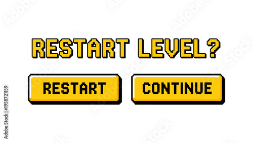 Retro 8-bit pixel art style game interface with restart and continue buttons