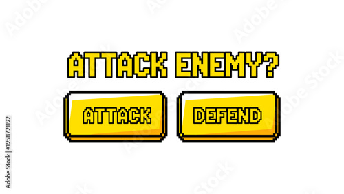 Retro gaming interface with pixelated attack and defend buttons