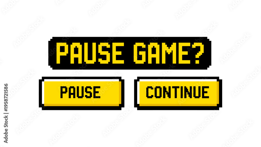 Fototapeta premium Retro pixelated game pause screen with options to pause or continue