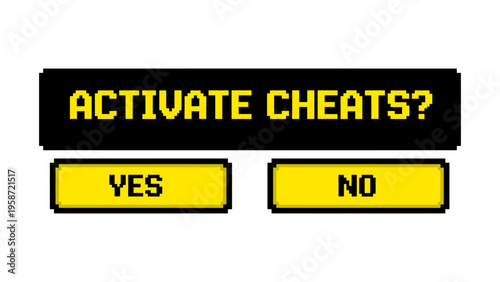 Retro pixel art game interface with activate cheats prompt and yes no buttons