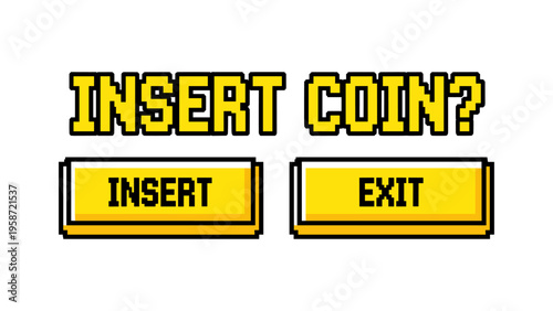 Retro pixel art arcade game interface with insert coin and exit options