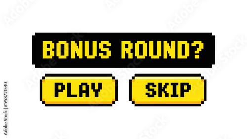 Retro gaming pixel art with bonus round play and skip buttons