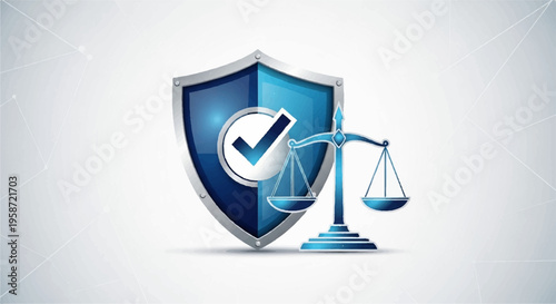 Justice and protection concept with shield checkmark and balance scales on white background