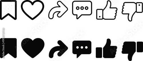Comparison of black and white social media reaction icons in two styles