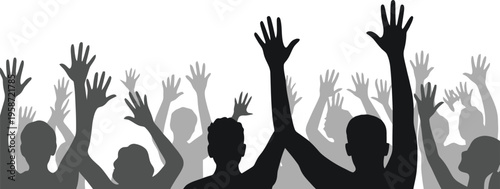 Crowd of silhouetted people raising hands in agreement, unity concept, diverse group participation, social support gesture, black silhouette figures, community voting scene, vector illustration