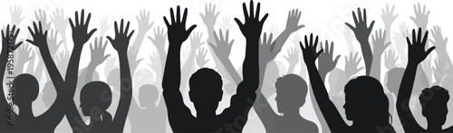 Crowd of silhouetted people raising hands in agreement, unity concept, diverse group participation, social support gesture, black silhouette figures, community voting scene, vector illustration
