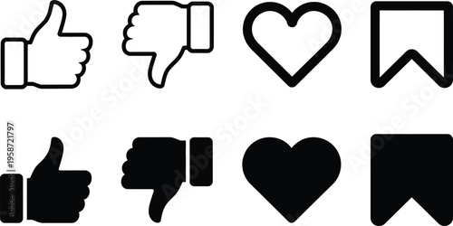 Contrasting social media reaction icons in black and white variations