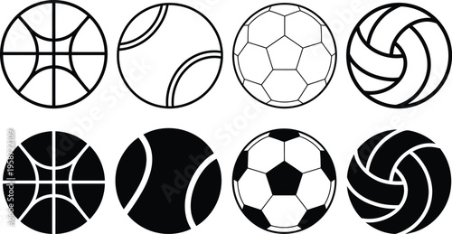 Contrasting designs of sports balls in monochrome and inverted color schemes