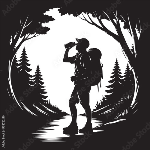 Silhouette of a hiker drinking water in a forest with trees and a backpack on a bright day outdoors