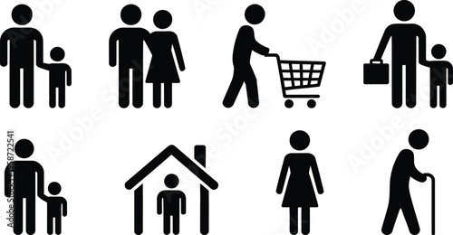 Illustrations of diverse family and individual icons with daily activities