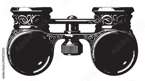 Close-up of Vintage Binoculars with Ornate Design and Black Finish.