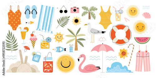 Cute summer doodle clipart stickers set with beach vacation elements, palm tree, sun hat, ice cream, watermelon, swimsuit, flip flops, cocktail, seashell, camera, flat vector illustration