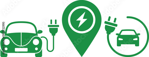 Electric vehicles charging at designated stations around the city