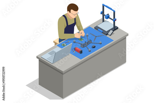 Isometric technician assembling a quadcopter at a workbench with laptop and printer. Workshop scene represents drone repair, engineering, prototyping, electronics service, maintenance