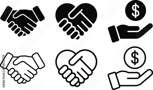 Handshake and financial exchange icons in black and white styles