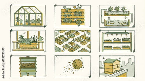 Sustainable urban gardening vector set, 9 illustrations of greenhouse, hydroponics and beehive, eco-friendly farming and composting icons