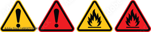 Common warning and hazard symbols indicating caution and flammable materials