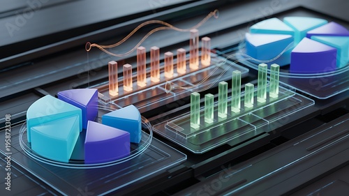 3d infographic with blue and green graphs on a dark background business analytics and data visualization concept