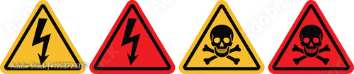 Four triangular warning symbols featuring electrical and toxic hazard icons