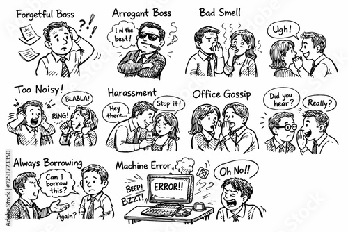 Hand drawn doodle set of workplace problems and office stress, toxic environment, communication issues and business conflict illustration