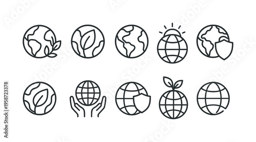 Set of simple line art icons representing earth, nature, and environmental protection concepts