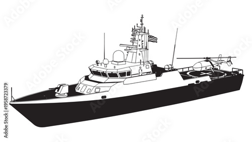 Black and White Illustration of a Modern Naval Warship with Detailed Features.