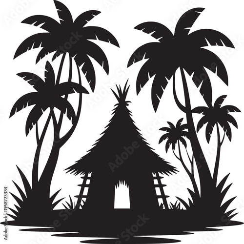 Silhouette of a hut with palm trees around it on a white background in a tropical setting scene